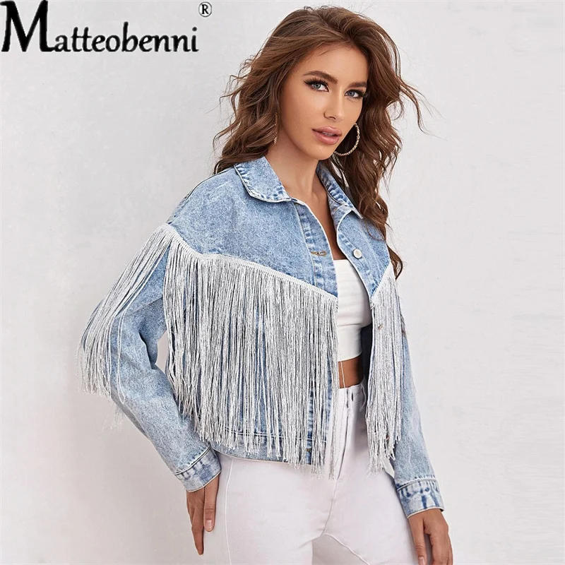 

Women's Denim Jacket 2022 NEW Spring Fashion Fringed Jackets Long Sleeves Coat Loose Outerwear Autumn Ladies Streetwear Coats