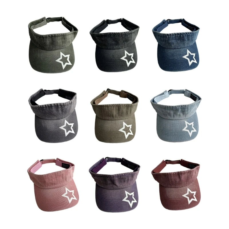

Star Pattern Wide Brim Empty Top Hat Summer Sun Hat Washed Denim Visor Hat for Adult Teens Skin-friendly Outdoor Hat