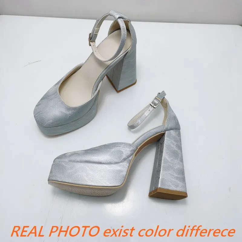 SIMLOVEYO Ladies Pumps Flock Toe Chunky Heel 12cm Platform 3.5cm Buckle Strap Sexy Party Shoes Size 41 42 43