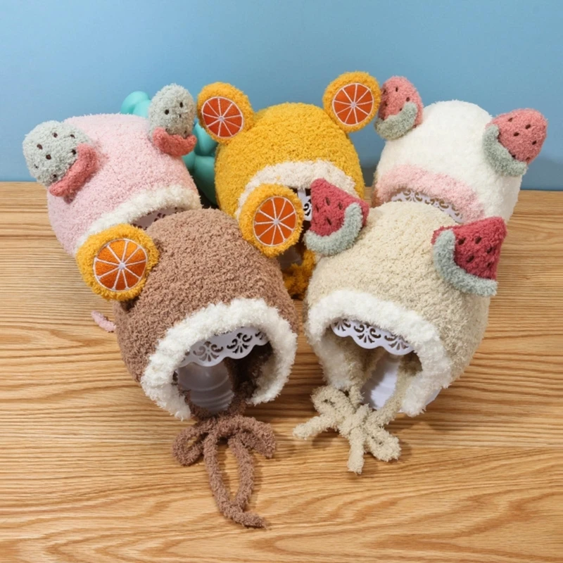

Newborn to 24 Months Baby Cute Warm Plush Hats Winter Fun Fruits Ear Infants Boy Girl Hat for 1/2 Years Old Childen Accessories