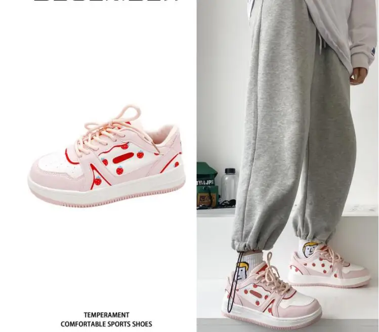 

New strawberry Skateboarding Shoes Low-cut High-top Thick-soled Non-slip Wear-resistant Rubber Lace-up Women's Casual Sneakers