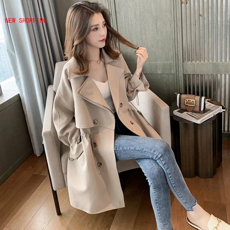 

2020 Winter Autumn Casual Retro Trench Coat Women's Long Loose Jacket Korean Lapel Thin Suit Khaki Black Red Fashion Windbreaker