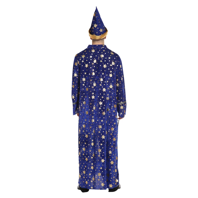 Men Mantle Blue Robe And Hat Star Moon Magic Magician Wizard Costume Cosplay Halloween Adult Role Playing Decoration Clothing images - 6