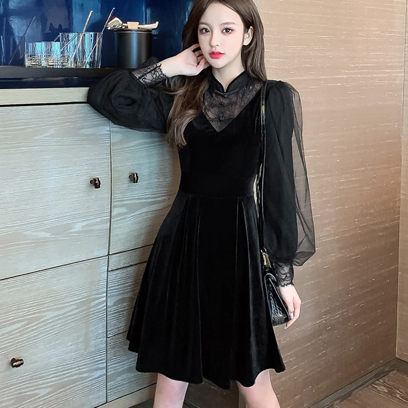 

Женское винтажное бархатное мини-платье с рукавами-фонариками