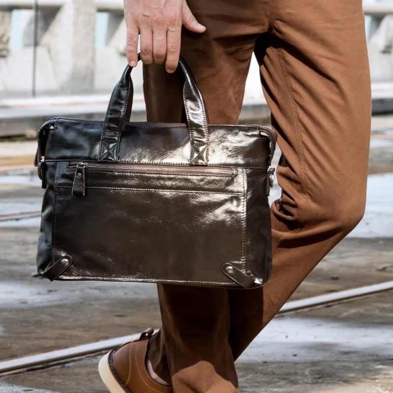 Genuine Leather Men Briefcase Bag Cowhide Leather Shoulder Bag Male Laptop Bag Daily Working File Bags Business Handbag