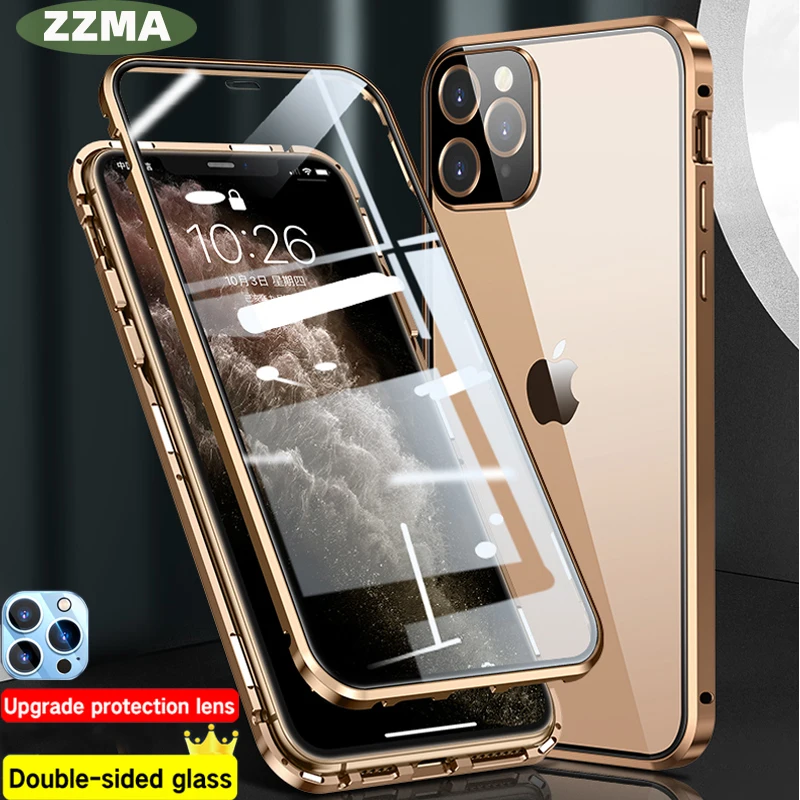 ZZMA Fashion Magnetic Adsorption Glass Phone Case For iPhone 13 12 11 Pro Max XS XR Mini 360° Full Protection Cases Cover