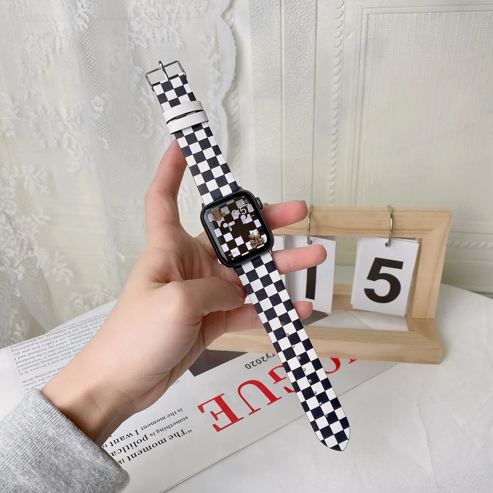 

Ремешок кожаный для Apple Watch SE7 6 5 4 3 2 1, повседневный сетчатый Браслет для шахматной доски iWatch 41 мм 45 мм 40 мм 44 мм, 38 мм 42 мм