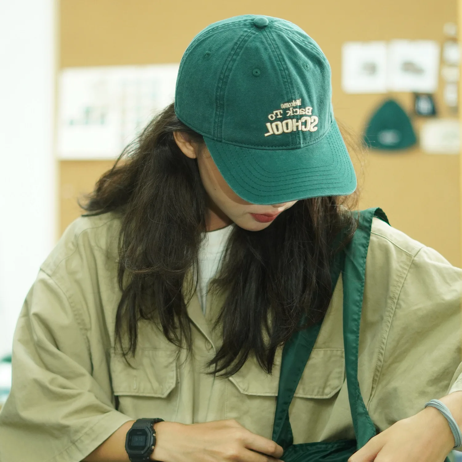 

Japanese soft top great white ink green cap female summer embroidery sunscreen versatile sunshade baseball cap male
