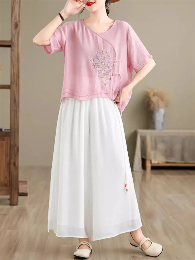 Комплект из двух предметов хлопка и льна в китайском ретро-стиле женский