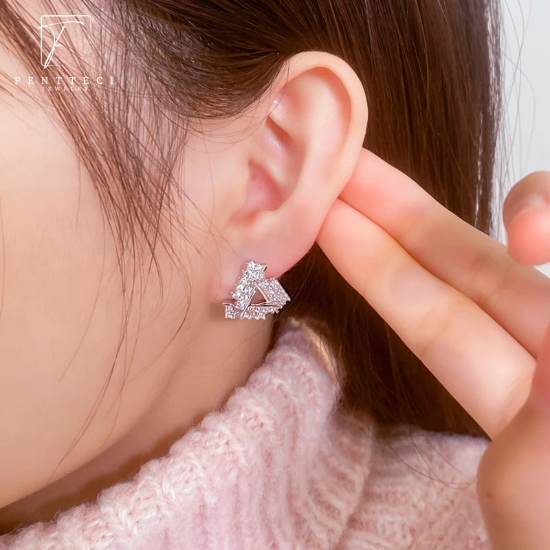 FENTTECI 925 Sterling Silver Triangle Earrings Female Simulation Diamond Fashion Temperament Short Prismatic Earrings Female