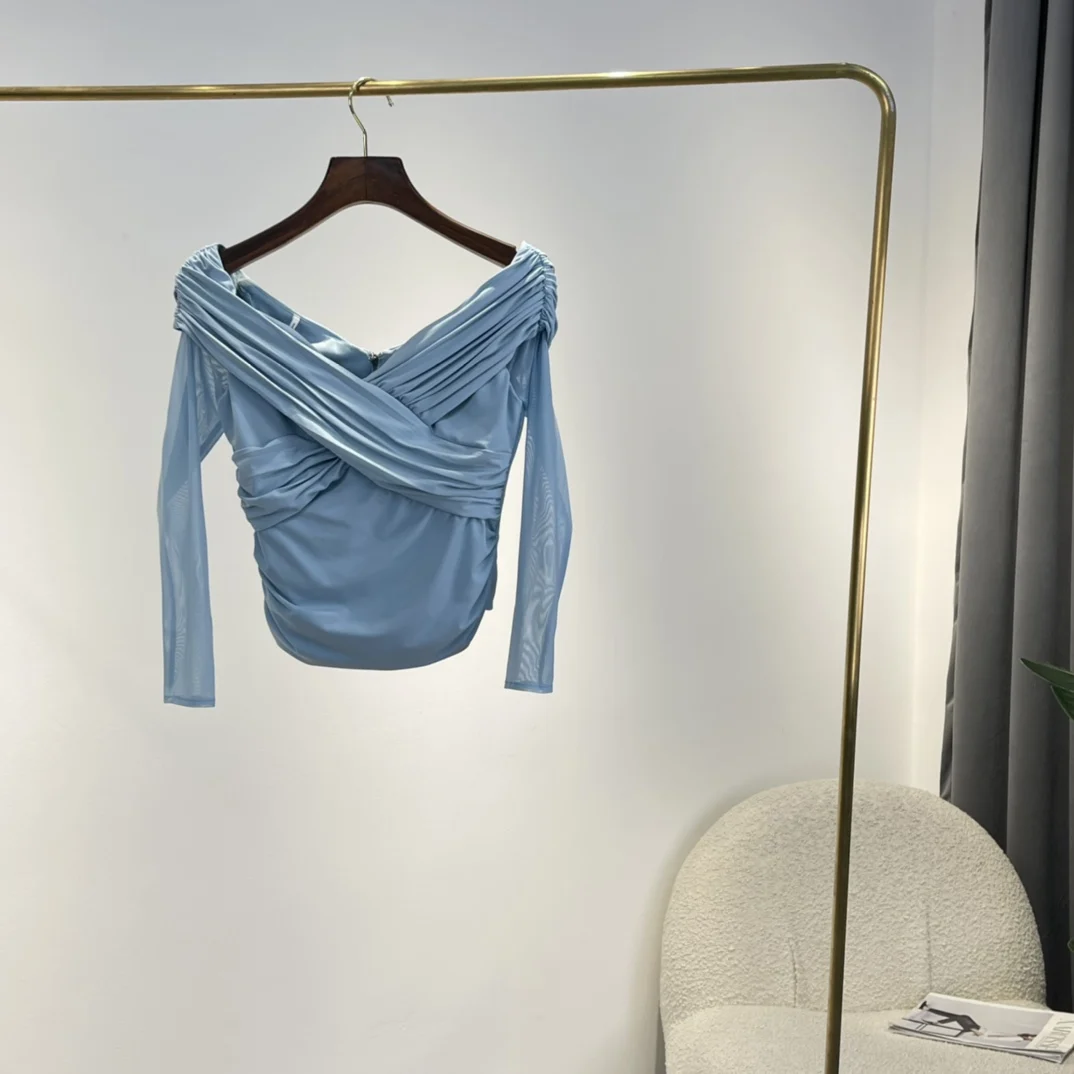 2022 New Summer Women Elegant Slim Style High Quality Folds Front Back Zipper Design V-neck Solid Light Blue Blouses