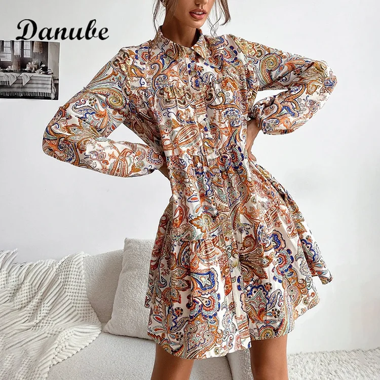 

Женское винтажное платье с длинным рукавом, Элегантное летнее платье-трапеция с отложным воротником, повседневное свободное пляжное празд...