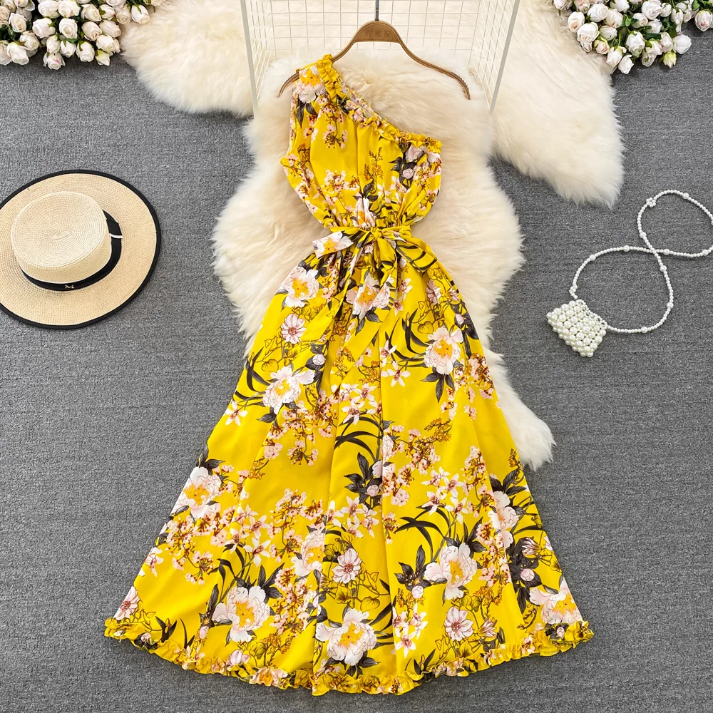 

2023 Women's Temperament Dress, Sexy Slant Neck Strapless Waisted Sleeveless A-line Printed Dress Seaside Vacation Long Skirt