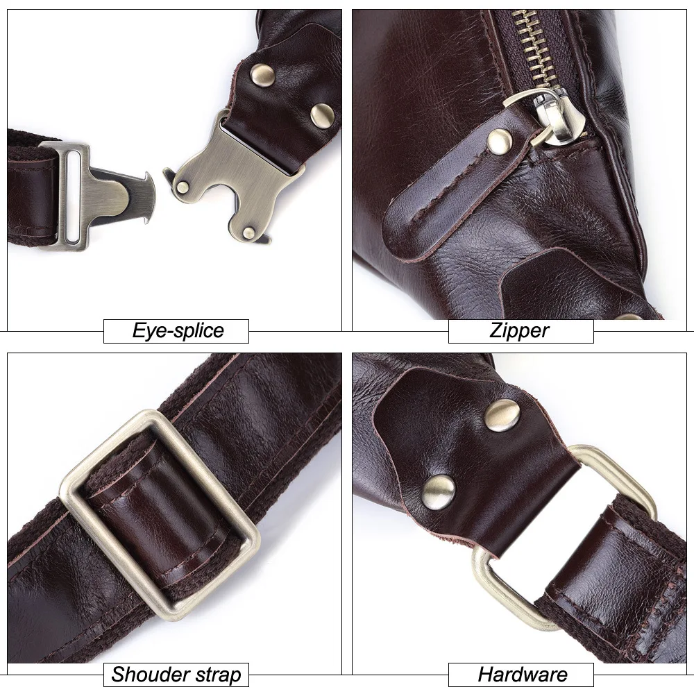 100% Cowhide Men's Zipper Chest Bag Genuine Leather Travel Waist Pack Vintage Wallets Phone Pouch Fashion Fanny Pack Coin Purse
