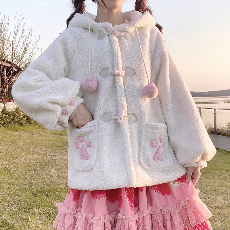 Anbenser Women Lolita Coats Japanese Sweet Autumn Winter Rabbit Ears Warm Soft Plush Cute Cat Kawaii Hooded Jackets Outwear
