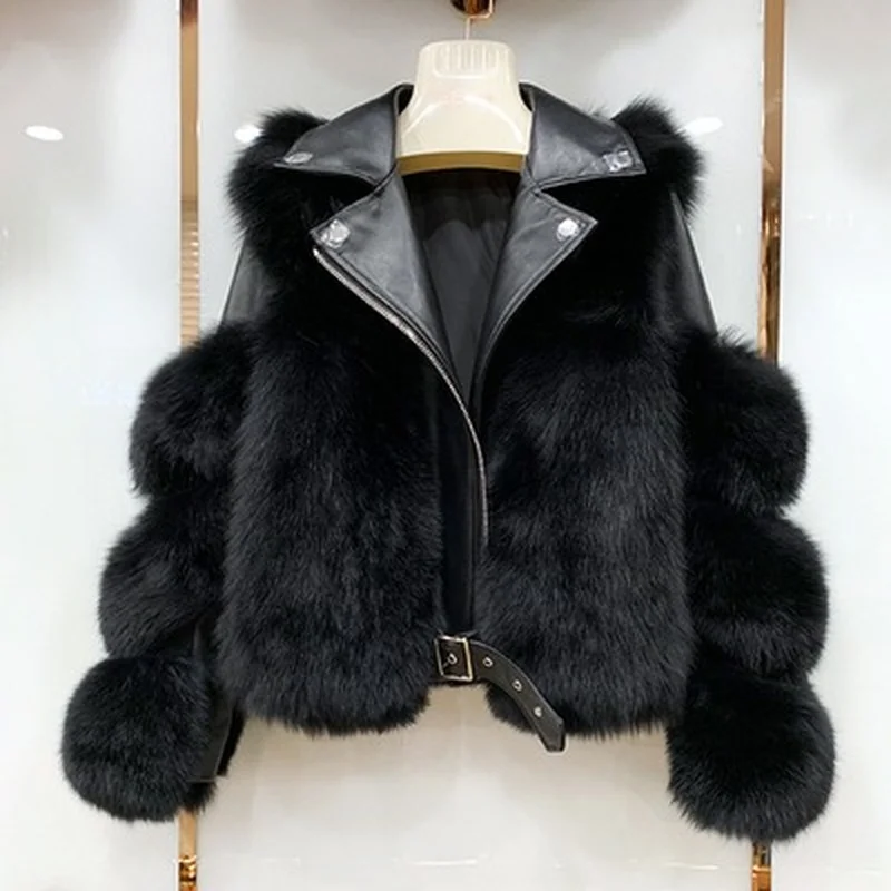 2022 winter new Fashionable warm short fox fur coat and sheepskin leather full fox fur motorcycle jacket luxury women's
