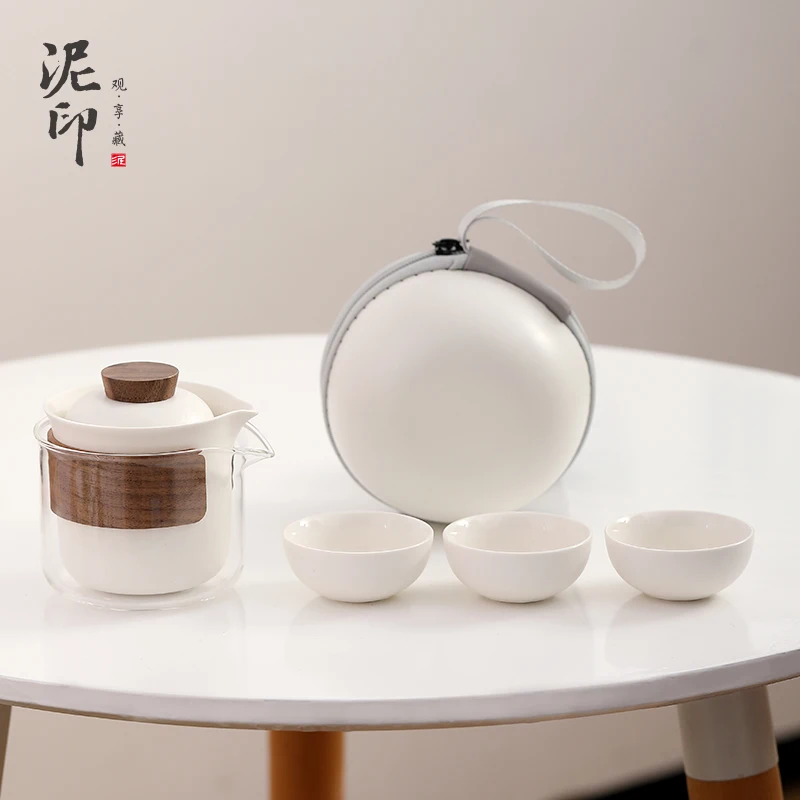 

Ceramic Simple Outdoor Travel Tea Set with One Pot, Three Cups, Quick Cup, Convenient Storage Bag, Customized Handy Gift Set