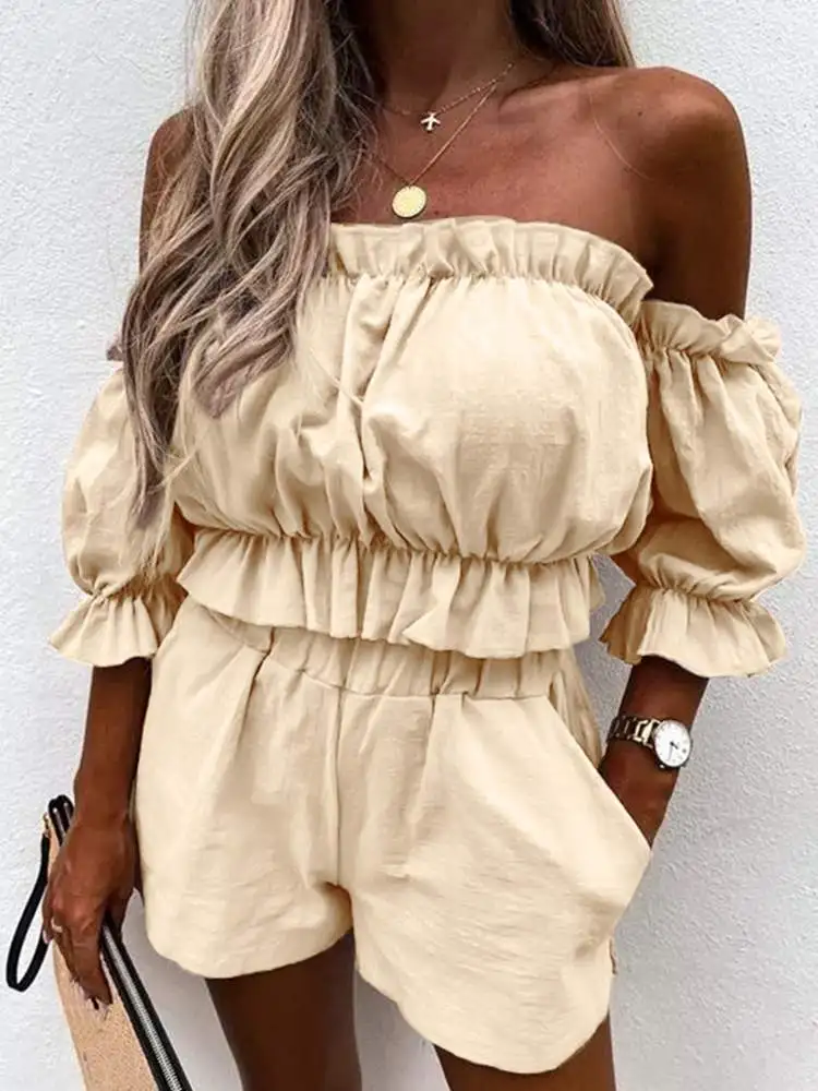 

Celmia Women Holiday Two-piece Sets 2022 Summer Ruffles Off Shoulder Short Tops and Elastic Waist Shorts Suits Casual Short Sets