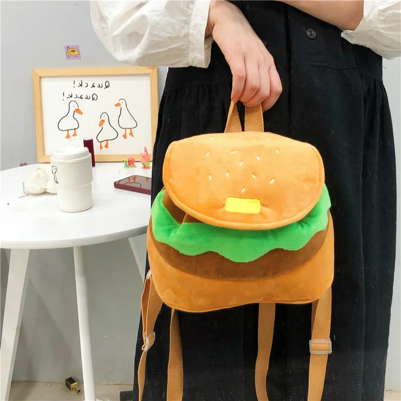 

Hamburger Flannel＆Canvas Backpack Drawstring Shoulder Student School A4 Capacity Bag Fashion Multifunctional Cute Creative Bag