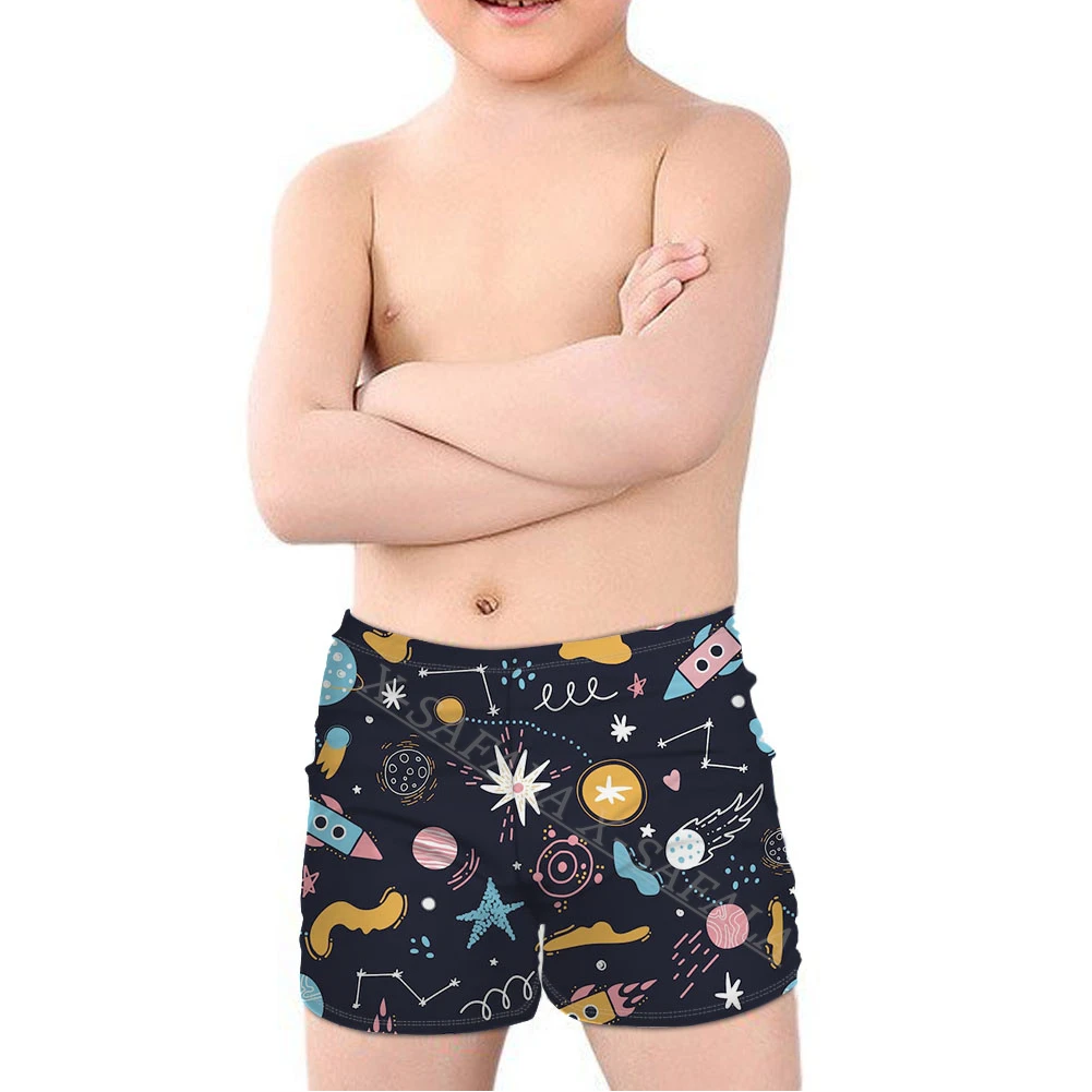 

Купальник для мальчиков 4-14 лет, летняя пляжная одежда с мультяшным принтом космических кораблей, ракеты, космоса, плавки, купальник-6
