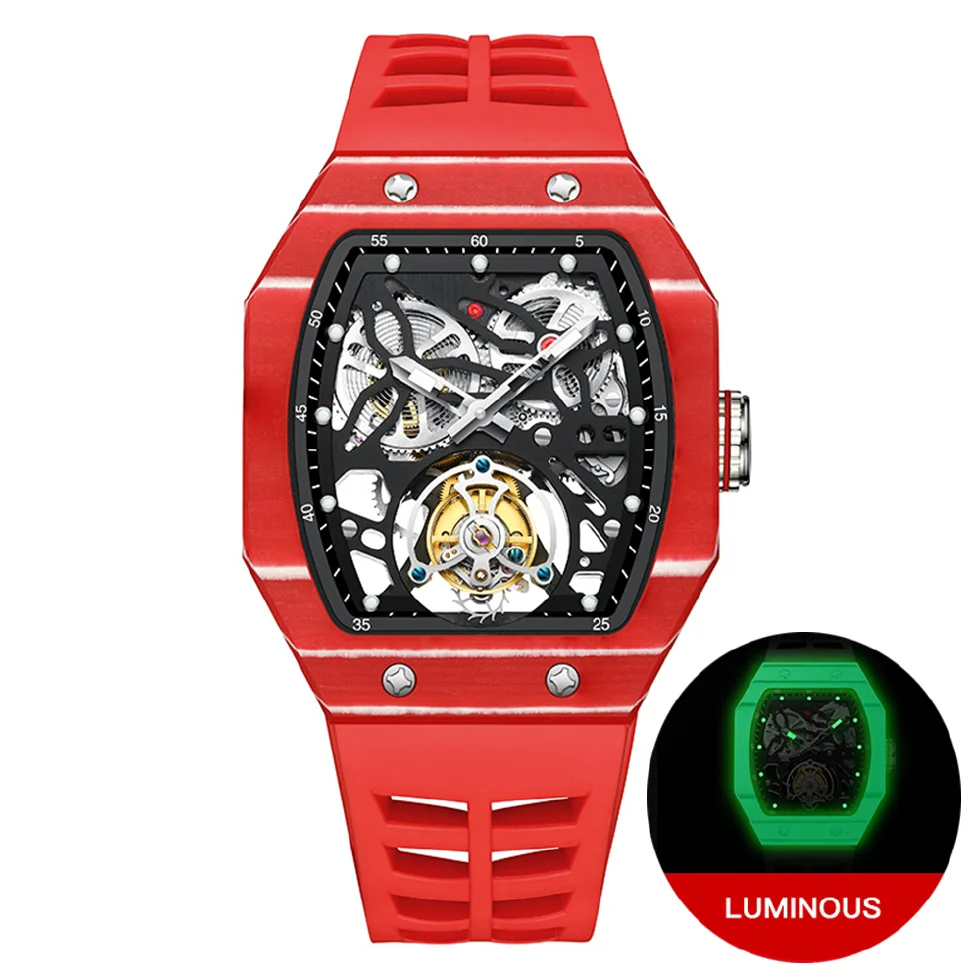 

Real Tourbillon Watch Automatic Luxury Skeleton Mechanical Watches Sports Tonneau Luminous Limited Edition Wristwatches HAEMMER