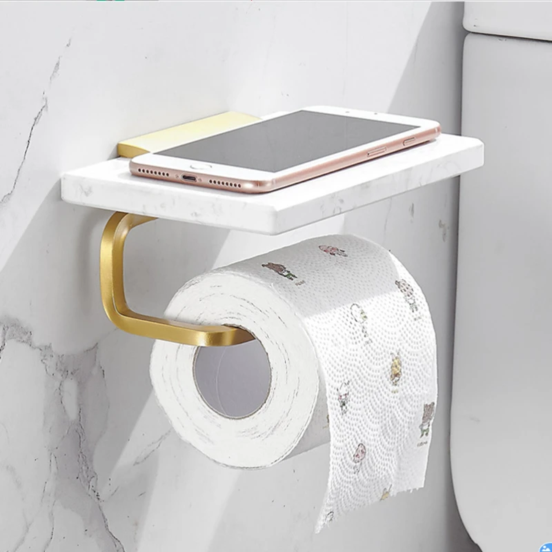 

Marble Paper Towel Rack Toilet Paper Holder Wall Hanging Paper Box Cell Phone Shelf Bathroom Accessories Brushed Gold Towel Bar