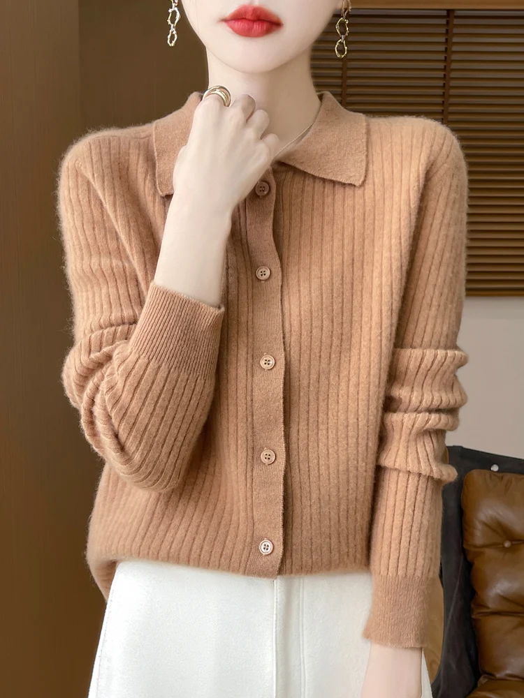 2024 Модный женский кардиган с отложным воротником Осень-зима Женский кашемировый