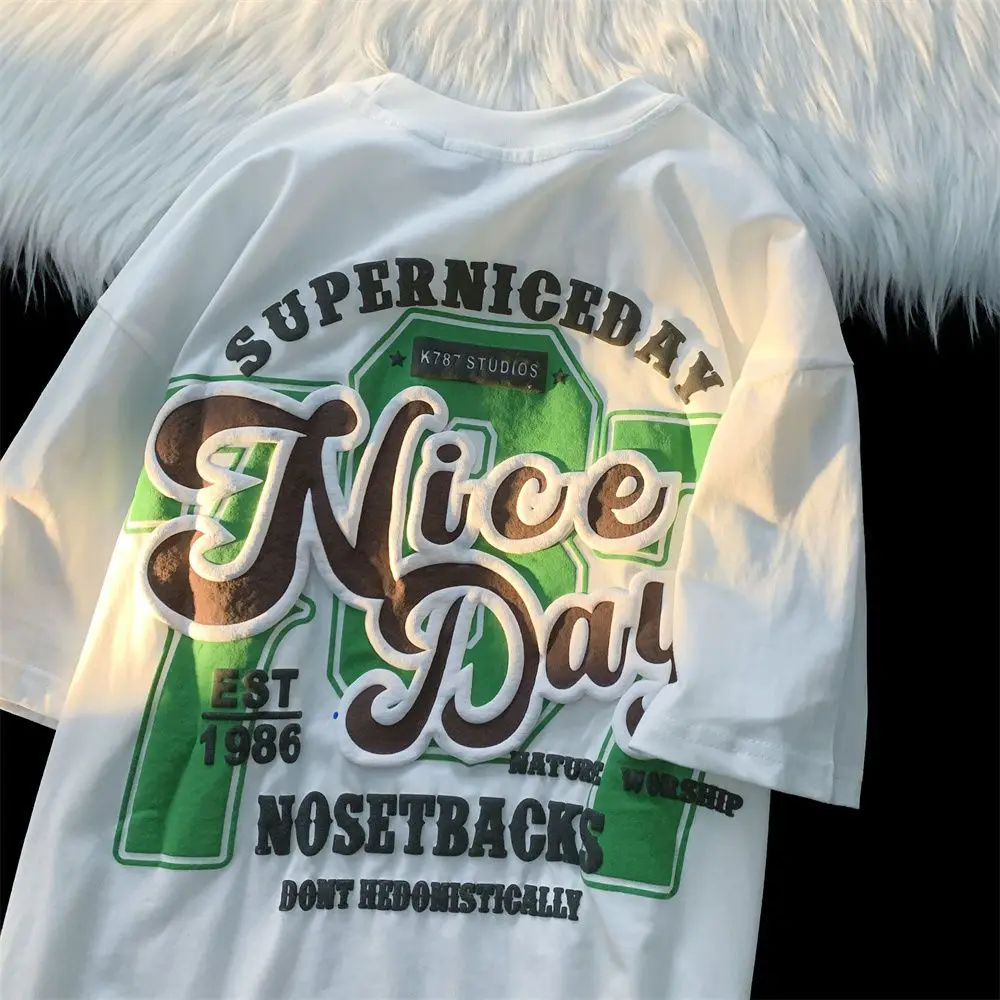 

American Retro Street Pure Cotton Short Sleeved T-shirt for Men and Women Summer Loose Fitting Couple Round Neck Upper Garment