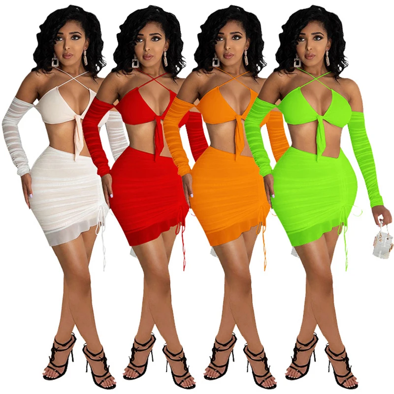 

2022 new fashion women's short skirt long sleeve mesh open belly open shoulder bow sexy 2-piece skirt suit women