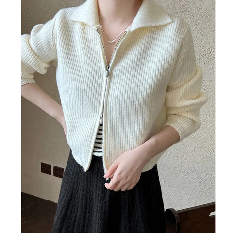 2024, женский вязаный свитер с отложным воротником, две молнии, короткие кардиганы с длинными рукавами, одежда, топы для женщин, свитер
