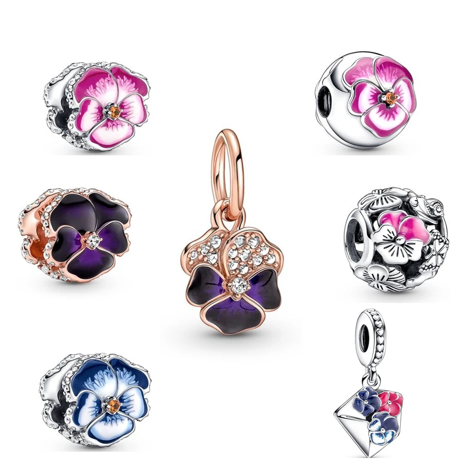 

DIY Jewelry 925 Sterling Silver Deep Purple Pink & Blue Pansy Flower Envelope Dangle Charm Bead Fit Original Pandora Bracelet