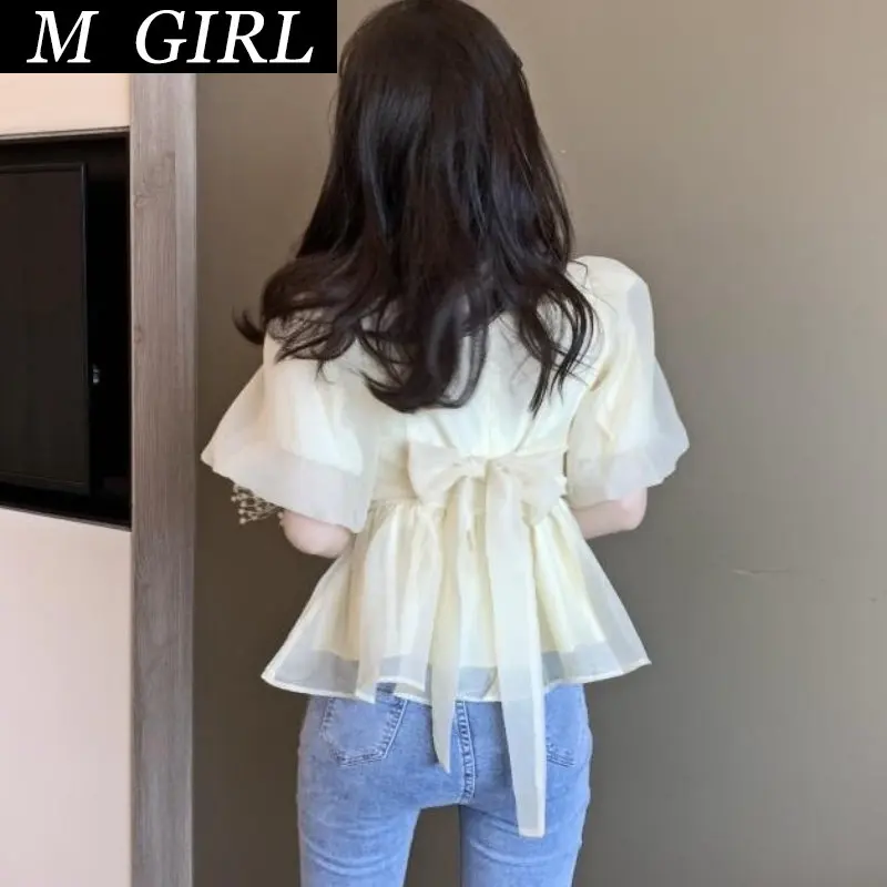 

Блузка женская летняя однотонная с бантом, элегантная Милая элегантная простая повседневная шикарная винтажная мягкая с квадратным вырезо...