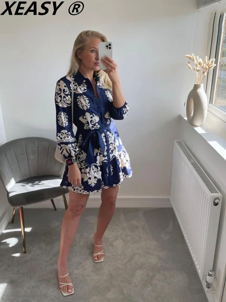 

XEASY Summer Dresses For Women 2022 Shirt Casual Dress Floral Print Female Vintage Dress Long Sleeve Women's Clothing