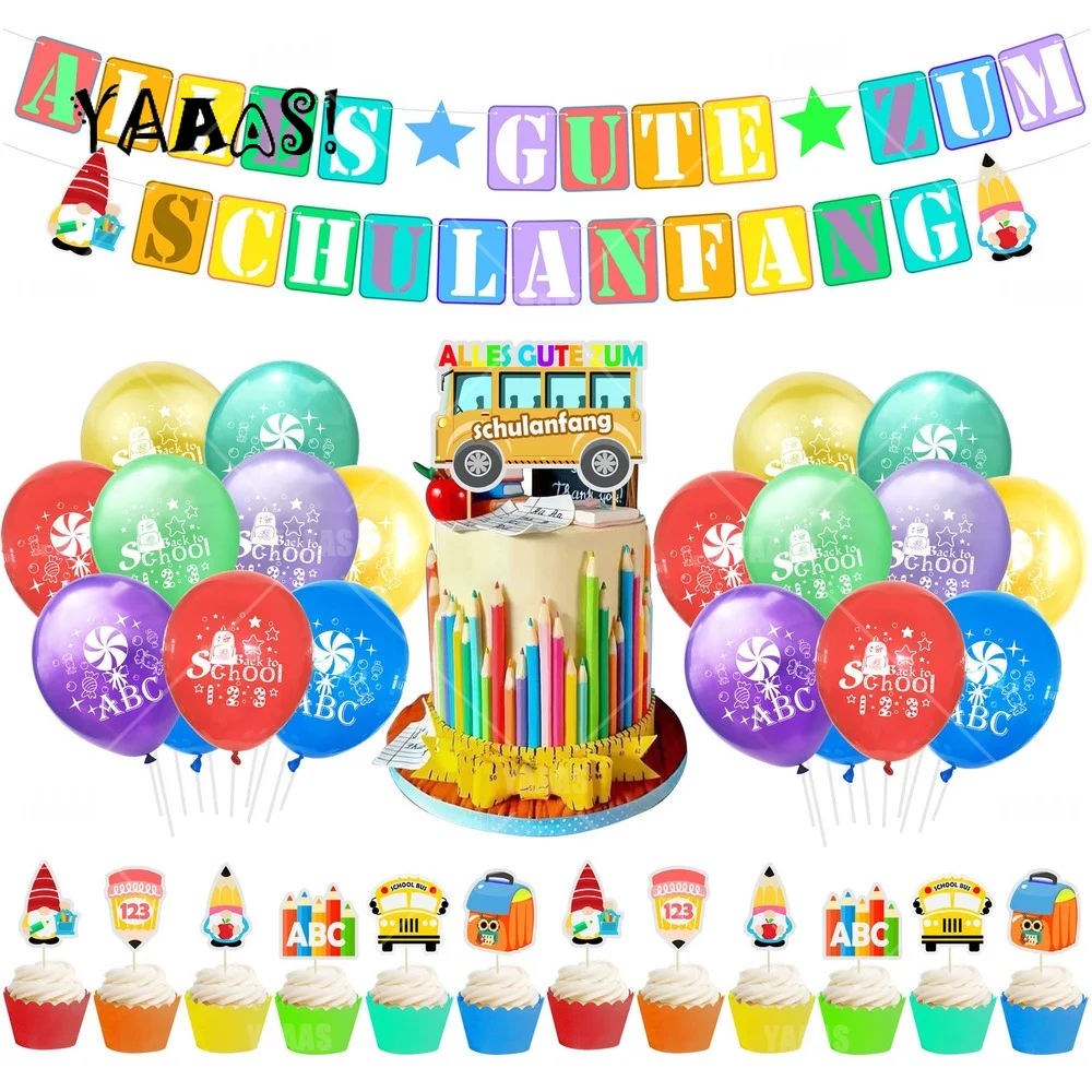 

Back To School Party Supplies Includes Banner Cake Topper Cupcake Topper Balloon ABC Party Decoration Alles Gute Zum Schulanfang