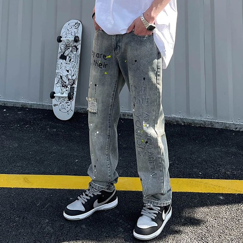 

Джинсы мужские с вышивкой и вырезами, прямые свободные рваные брюки из денима в стиле ретро