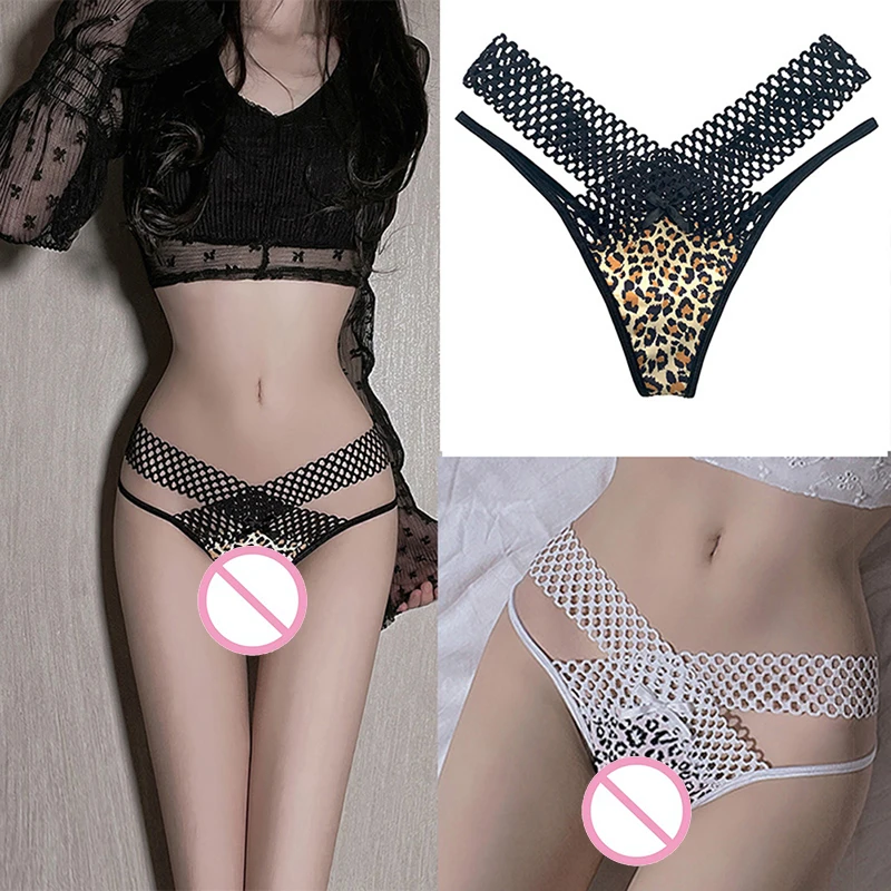 

Ladies Sexy Ice Silk Panties Low Waist Temptation Underwear Ladies Cross Sling Thong Hollow Leopard Print Solid Color Underwear