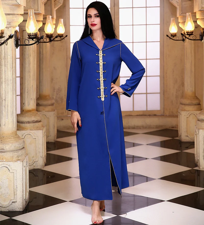 Fashion Muslim Dress Army Green Hand Sewn Diamond Hood Ladies Arabian Maxi Dress 2022 New Kaftan Abayas Djellaba Moroccan