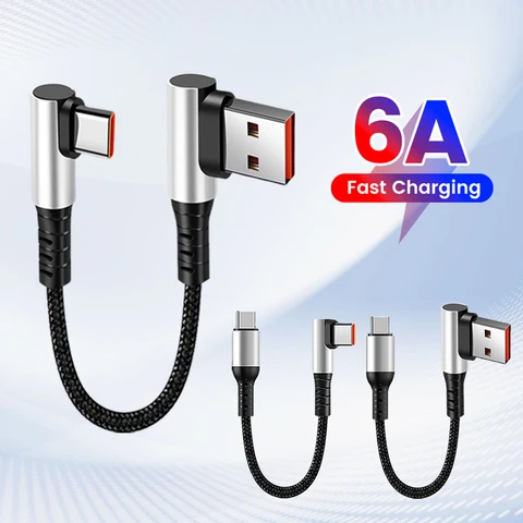 6A 0,25 0,5 м Короткий кабель 90-градусный локоть USB A Тип C к Тип C Кабель для быстрой зарядки данных Провод Power Bank для iPhone 15 IPad