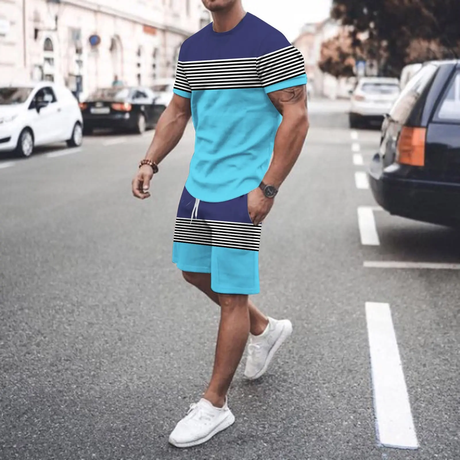 2023 New Men's Summer Tracksuit Fashion Minimalistic Stripe 3d Printing T-Shirt Suits Man Sportswear Casual Street Man Clothing