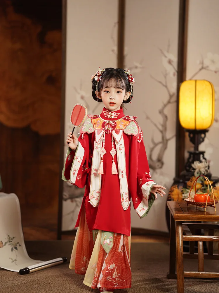 Винтажное китайское платье ханьфу детское традиционное с цветочной вышивкой
