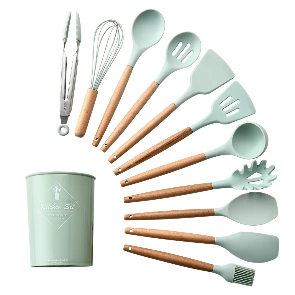 

Wooden Handle Silicone Kitchen Utensils 12pc Laddle Kitchenware Set with Storage Barrel Non-Stick Heat Resistant Cooking Tool