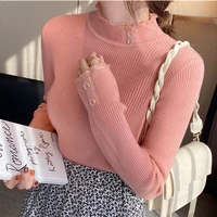 half turtleneck lace edge sweater autumn winter women long sleeve knitwear 2022 new fashion solid pullover top trending sweaters