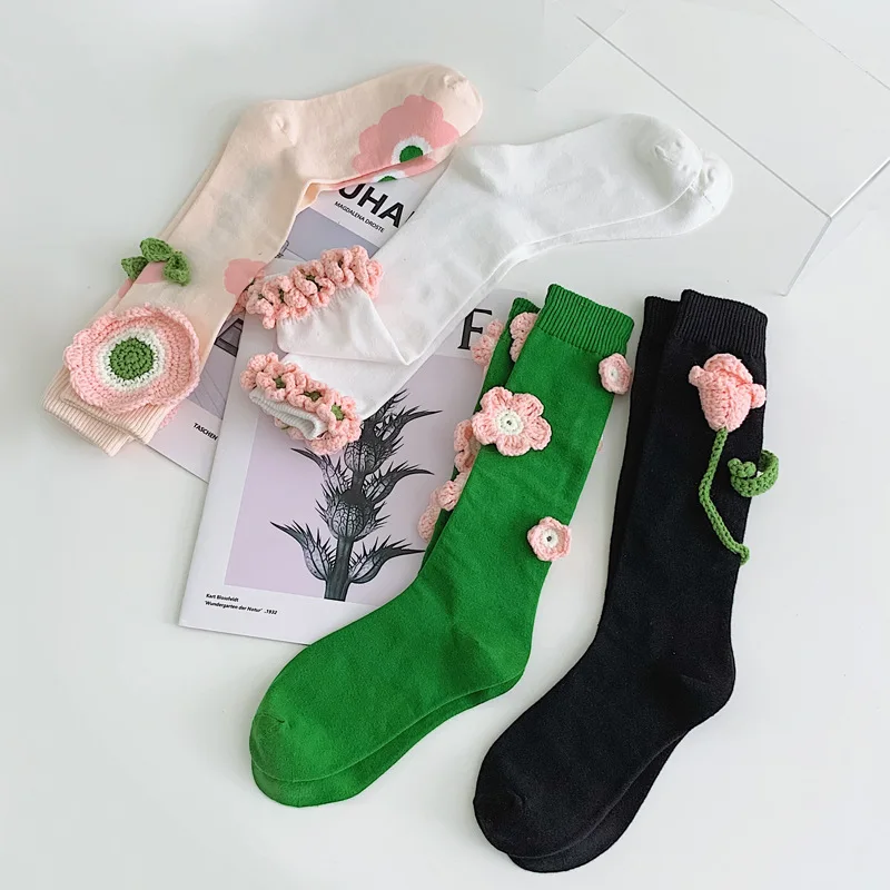 

Woman Sock Unisex Sock Thigh Highs Flower Green Cotton Sox Stereoscopic Flower Breathable Kawaii Spring Autumn Couples Stockings