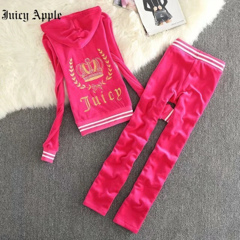 Juicy Apple Tracksuit Women Two-piece Running Sets Female Embroidery Sportswear Women Zip Up Long Sleeve jacket and Pants Set