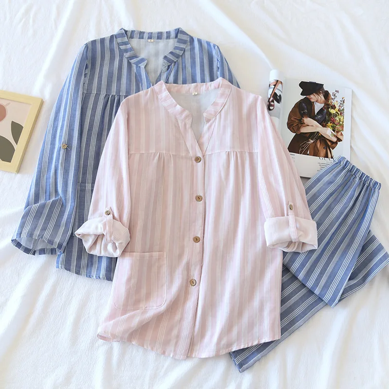 Homewear Women Cotton Vertical Striped Color Spinning V-neck Four Seasons Thin Can Be Rolled Up Long-sleeved Korean Pajamas Set