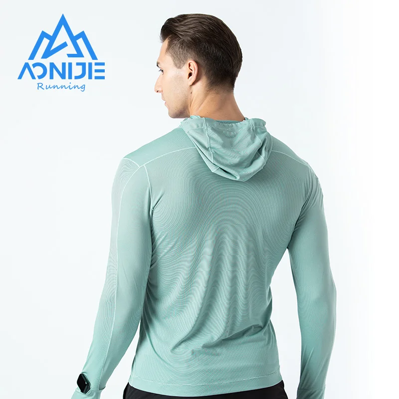 AONIJIE FM5128 Man Male Quick Drying Sports T-shirt Hooded Long Sleeves With Watch And Finger Hole For Running Hiking Jogging