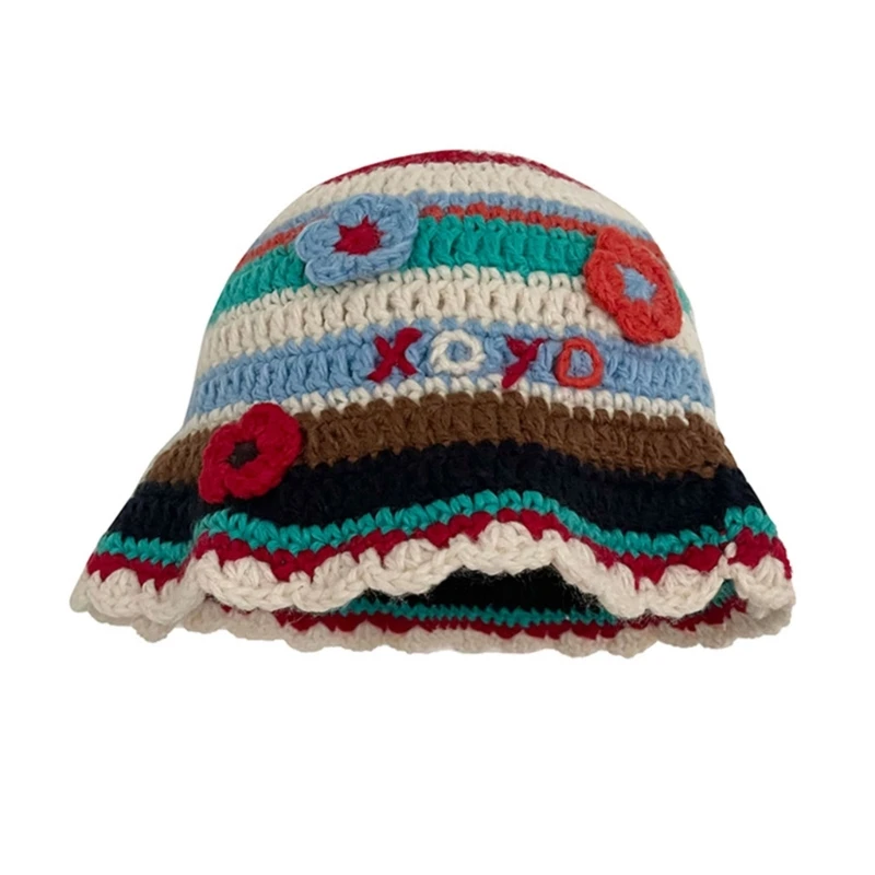 

Вязаная панама для женщин Y2K полосатая шляпа с цветком Элегантная вязаная шапка из пряжи модная рыбацкая шапка подростковые