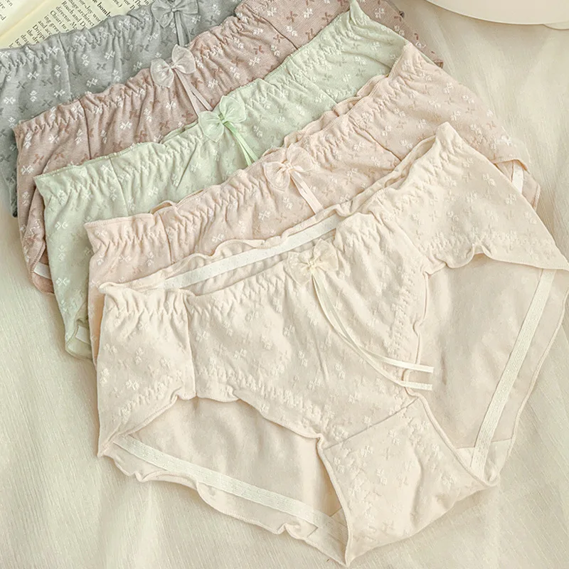 

Japanese Small Fragmented Flower High Elastic Wood Ear Edge Pure Cotton Crotch with Micro Flashing Bow Knot Pants for Women