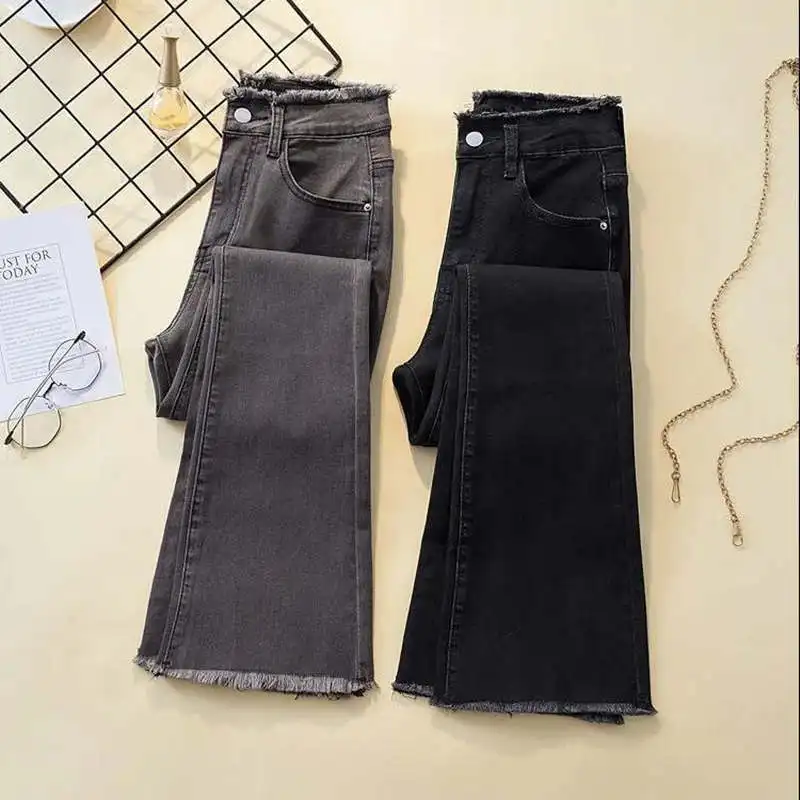 Retro Plus Size High Waist Flare Jeans Women Streetwear Gray Black Stretch Jeans Casual Denim Trousers Long Pants 3XL 4XL C8153