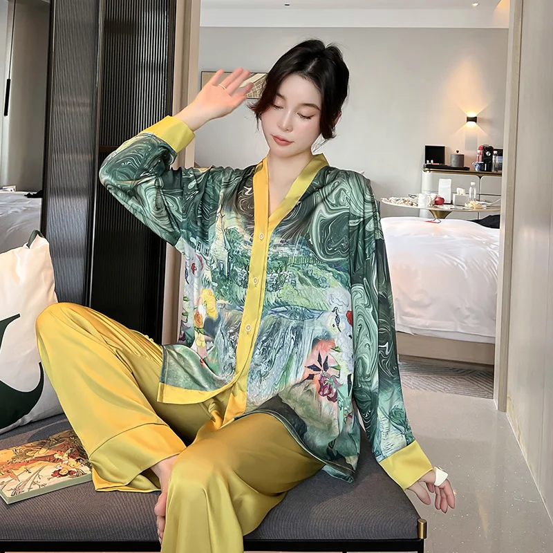 2023 NEW Women's Pajamas Set Luxury Style Painting Print Sleepwear Satin Silky Touch Homewear V Neck Nightie Casual Home Suit